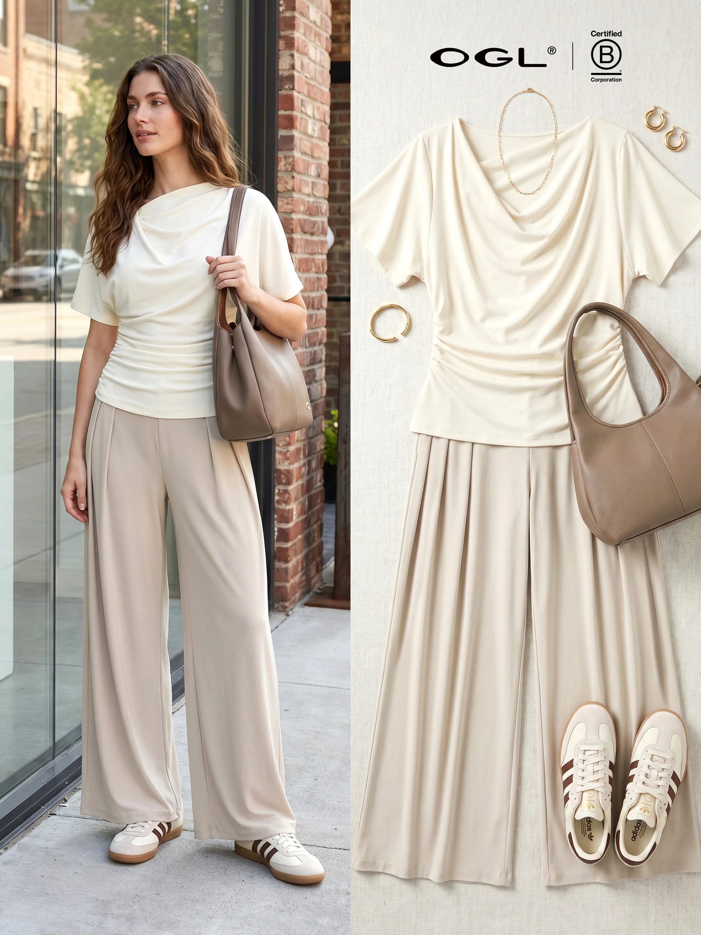 2Pcs Set Cowl Neck Ruched Top & Wide Leg Palazzo Pant with Pockets - Image 8
