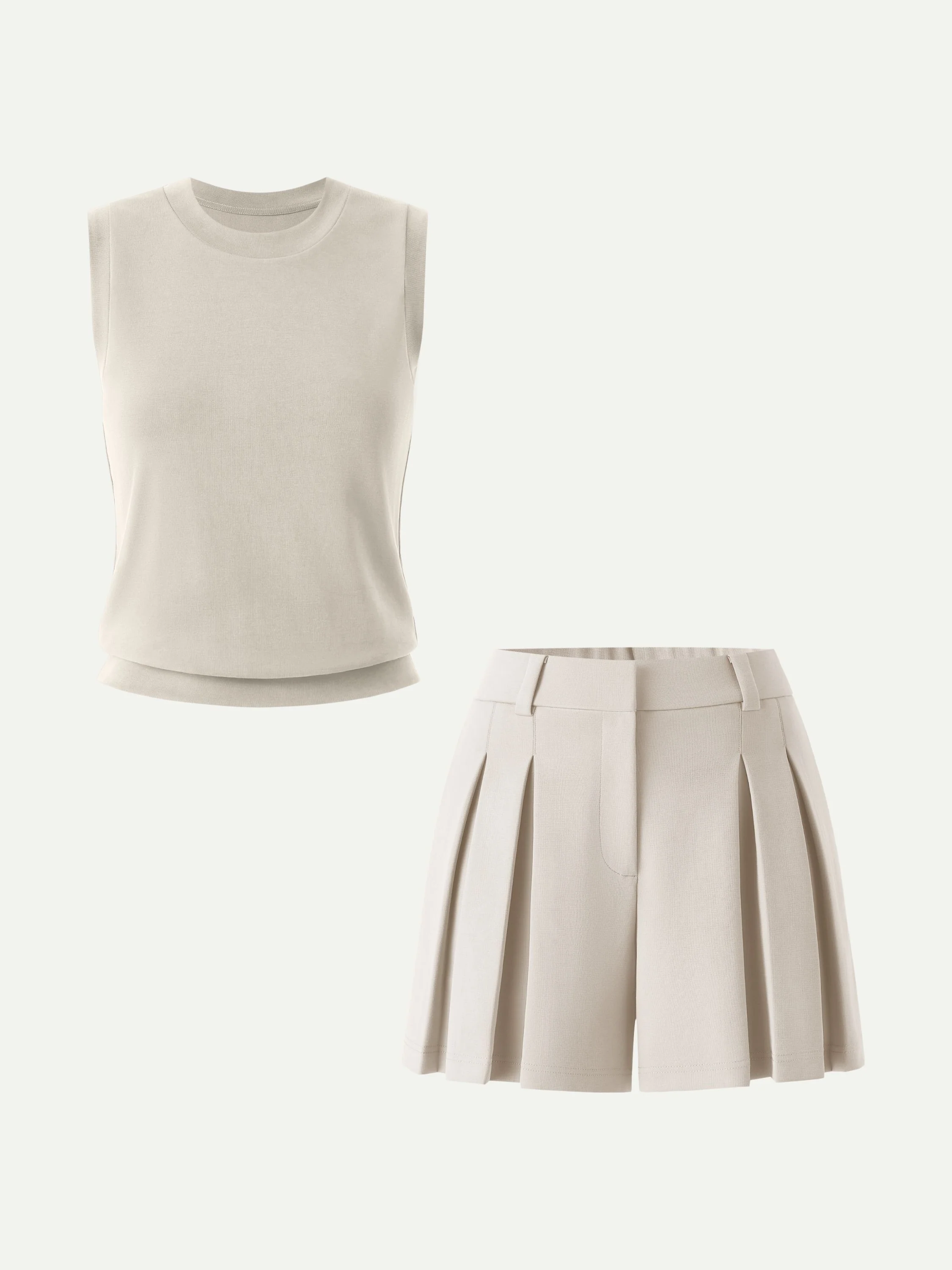 2Pcs Set Crew Neck Top & High Rise A-Line Pleated Shorts - Image 10