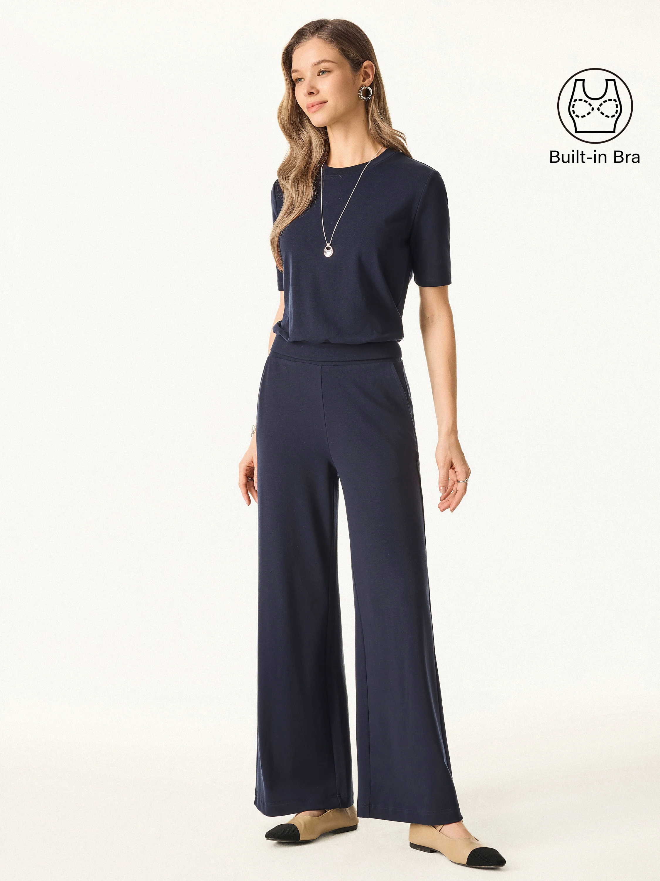 2Pcs Set Petite Wide Leg Pant with Pockets & Crewneck Bra Top - Image 3