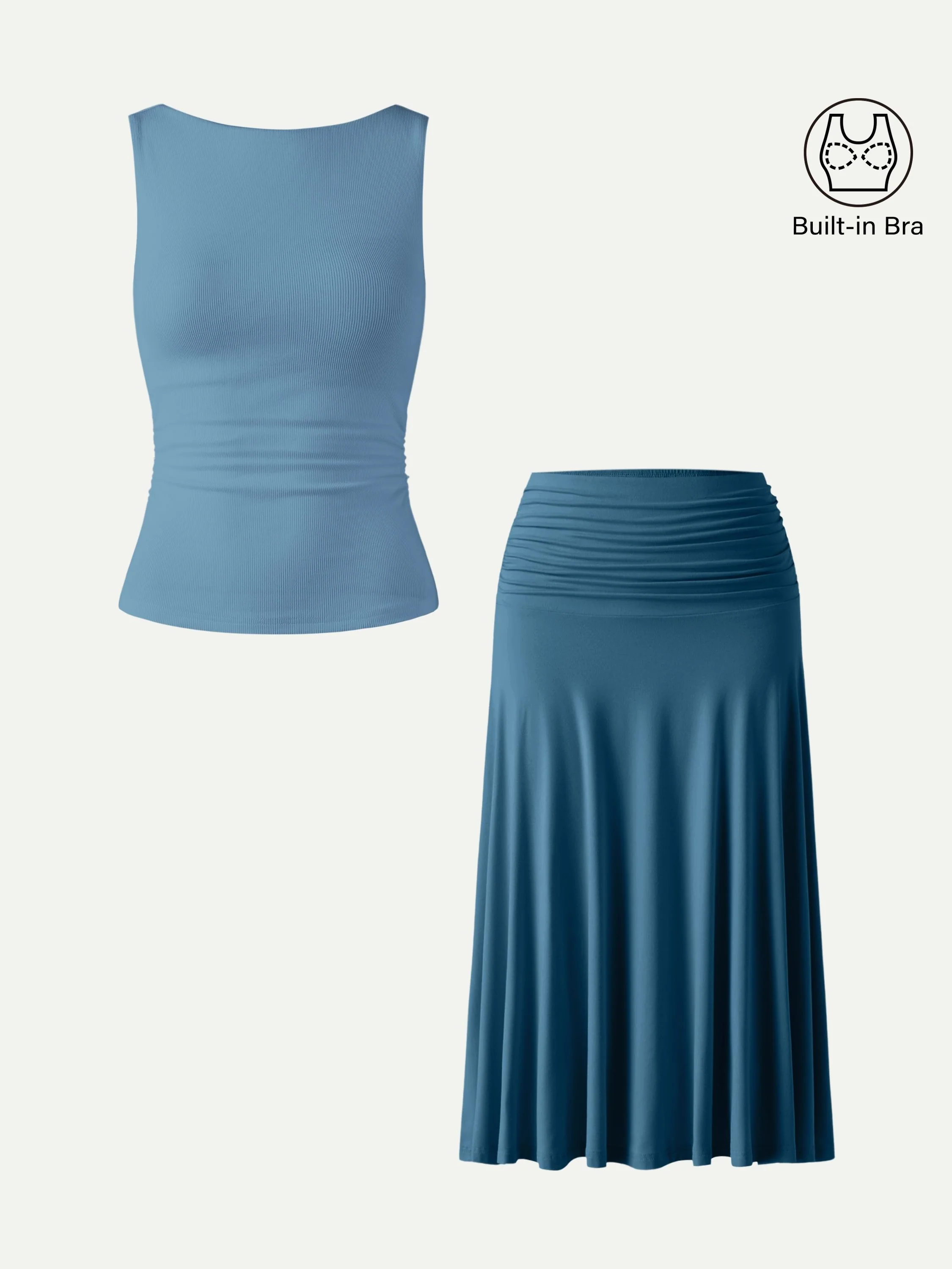 2Pcs Set Open Back Bra Tank & Side Ruched A-line Midi Skirt - Image 10
