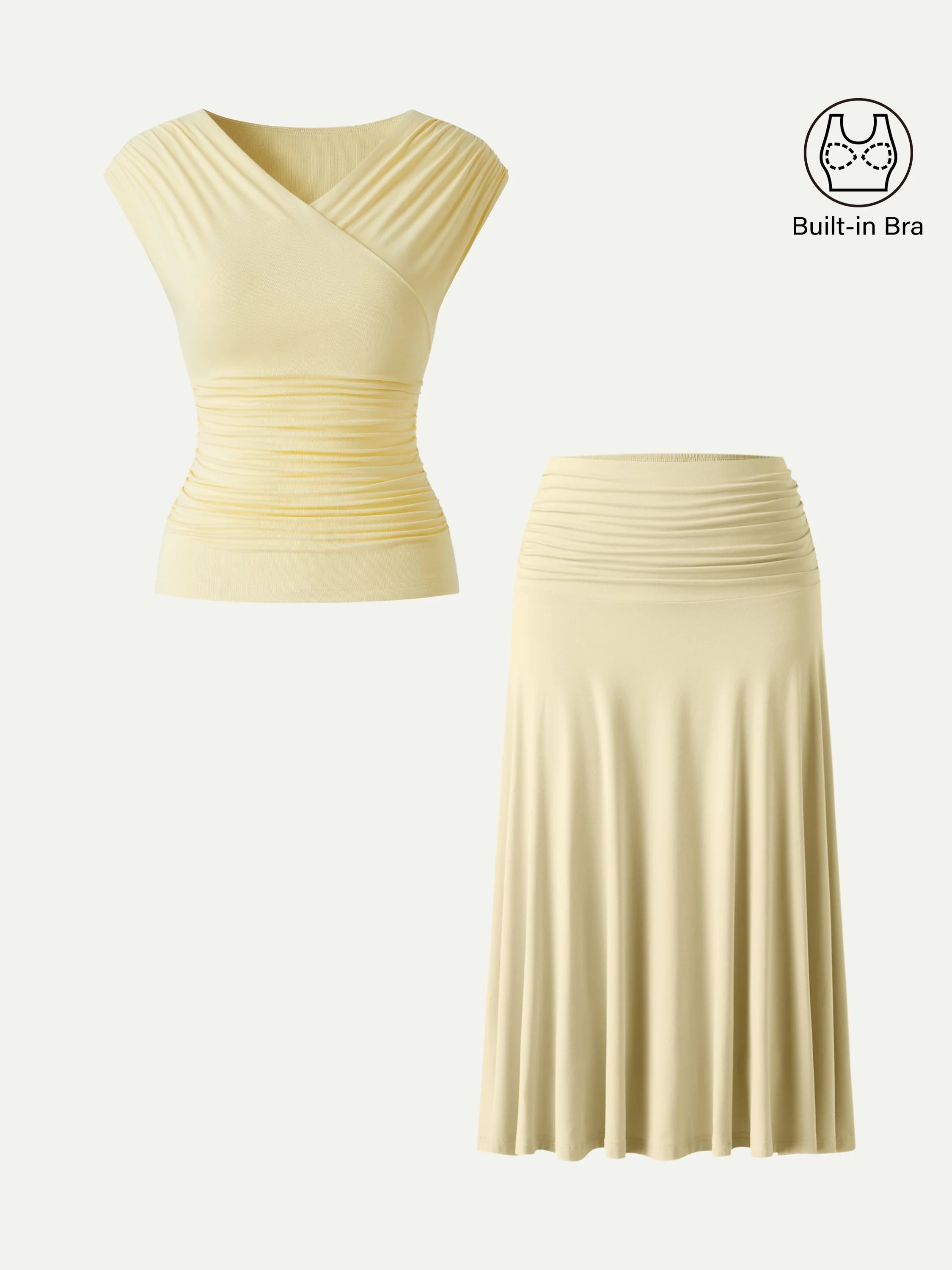 2Pcs Set Surplice V-Neck Bra Top & Side Ruched A-line Midi Skirt - Image 9