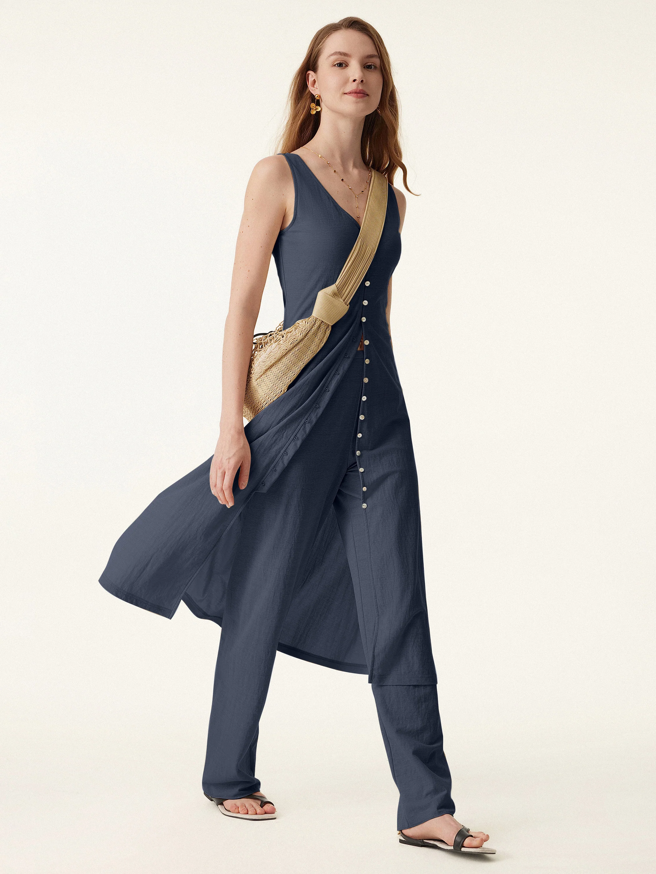 2Pcs Set V-neck Button Front Midi Vest Dress & Mid Rise Straight Leg Pant - Image 10