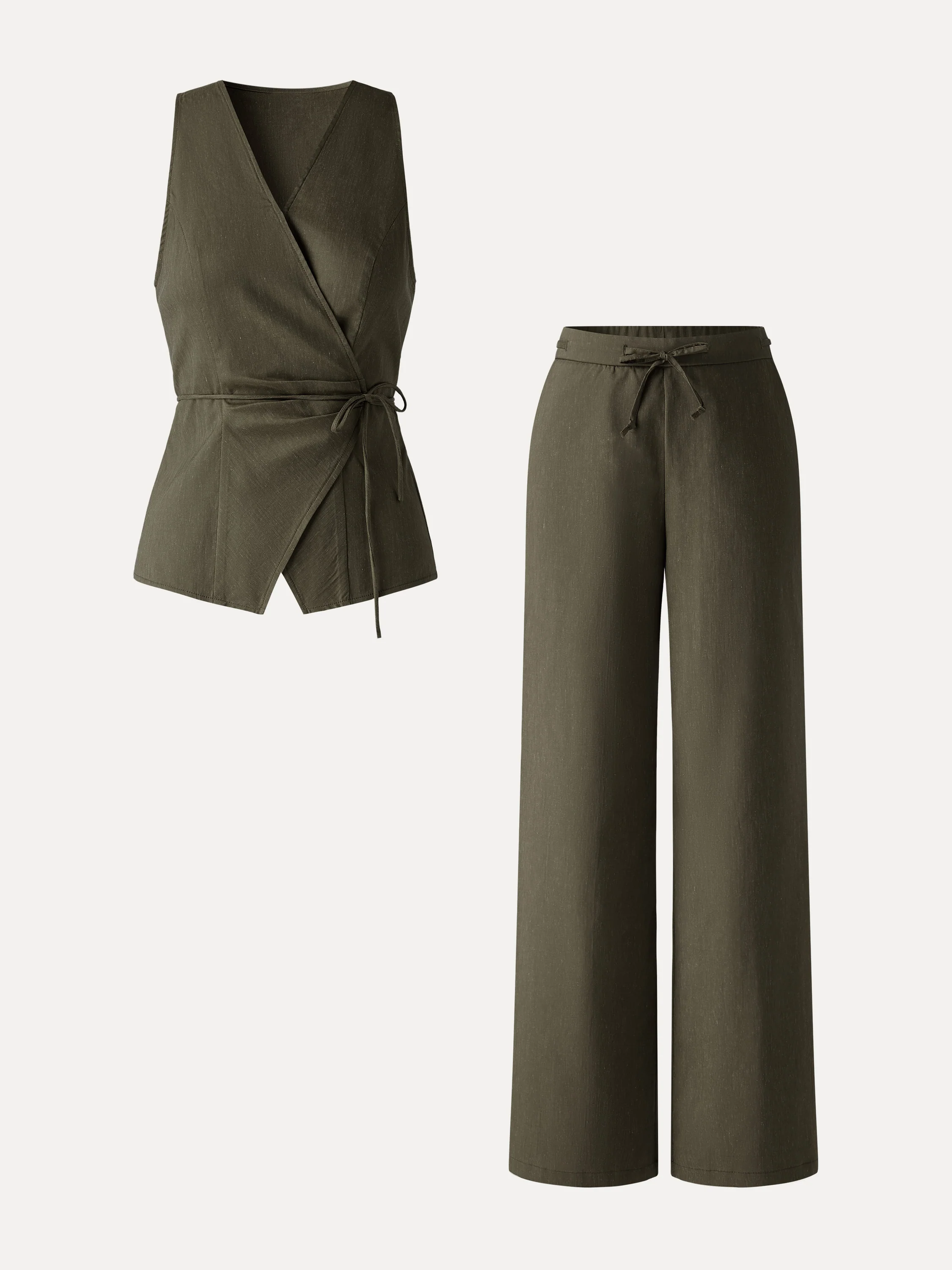 2Pcs Set Wrap Top with Self-Tie & Drawstring Wide Leg Pant with Pockets - Image 9