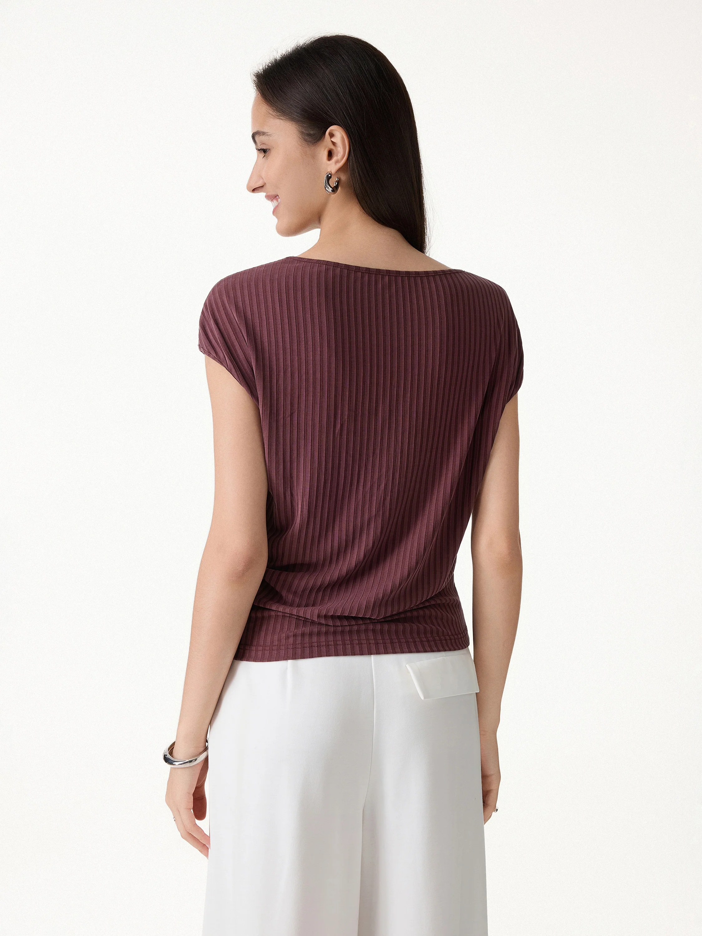Wrinkle-Free Ultra-soft Boatneck Cap Sleeve Ribbed Top - Image 4