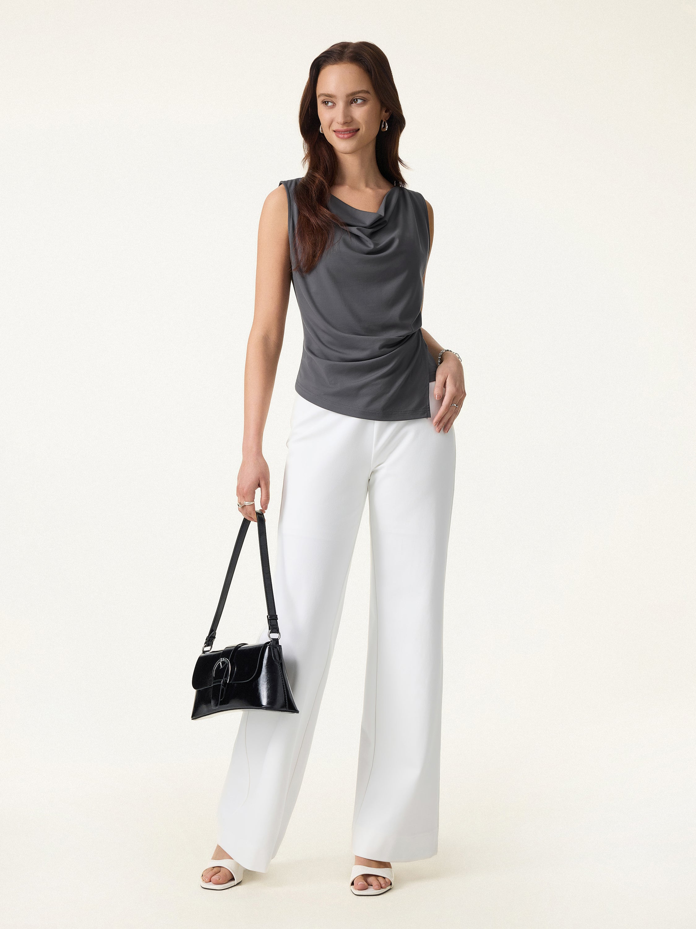 Cowl Neck Asymmetrical Tucked Sleeveless Top - Image 2