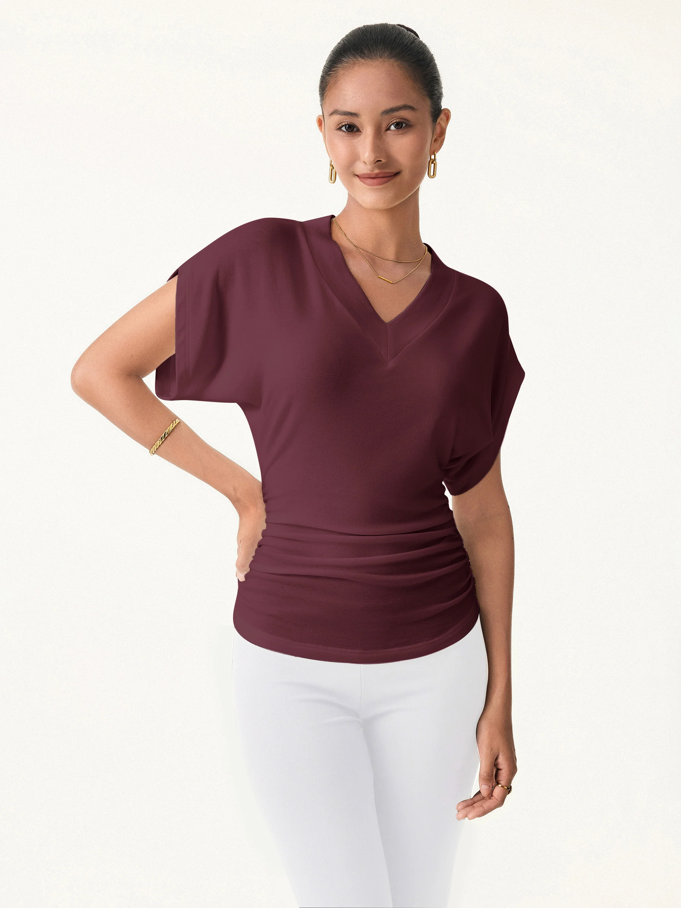 Semi-sheer Lyocell Cashmere Blend V-neck Short Sleeve Side Ruched Tee - Image 8