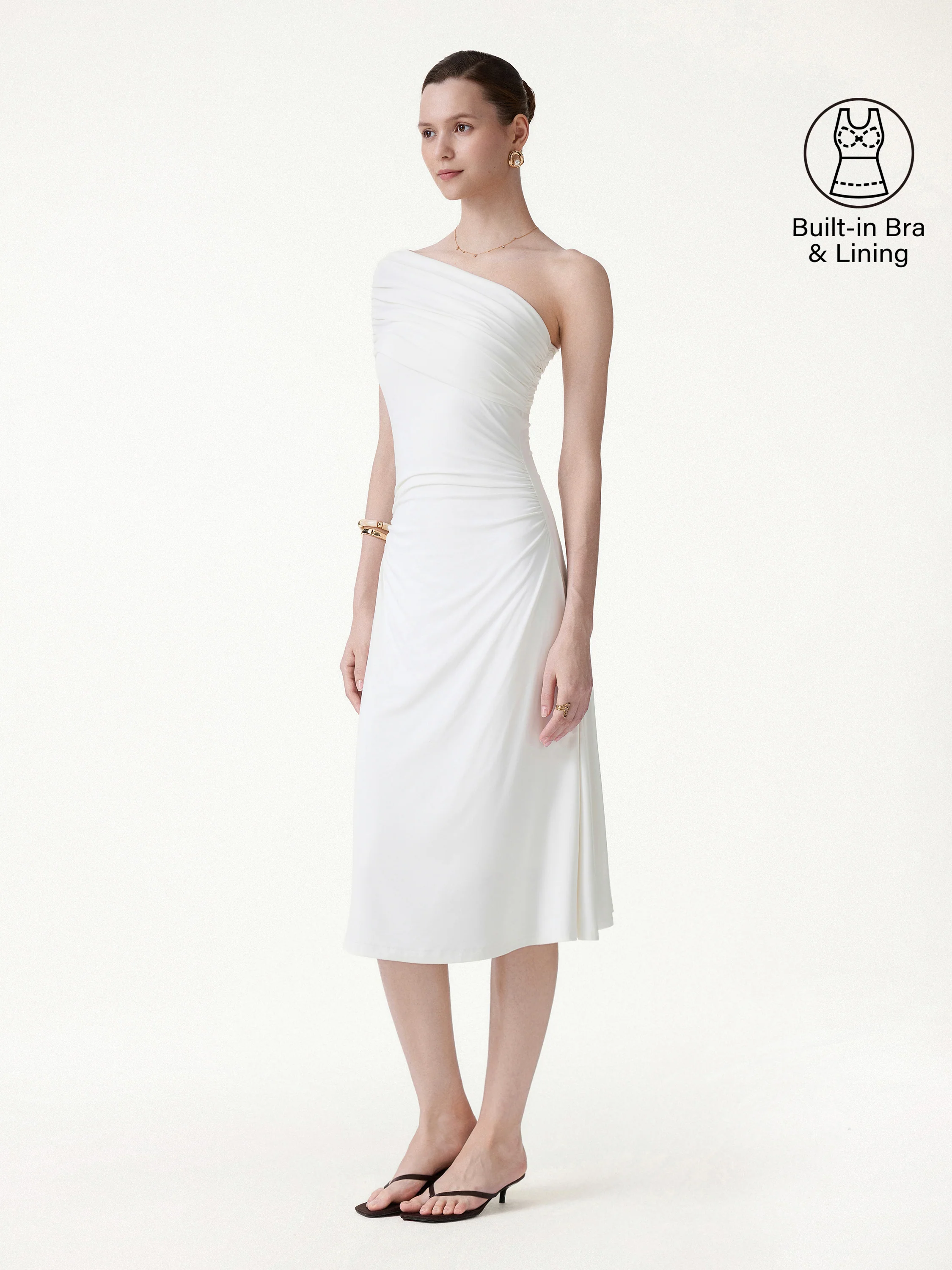 Not-See-Thru One Shoulder Gathered Midi Bra Dress - Image 3