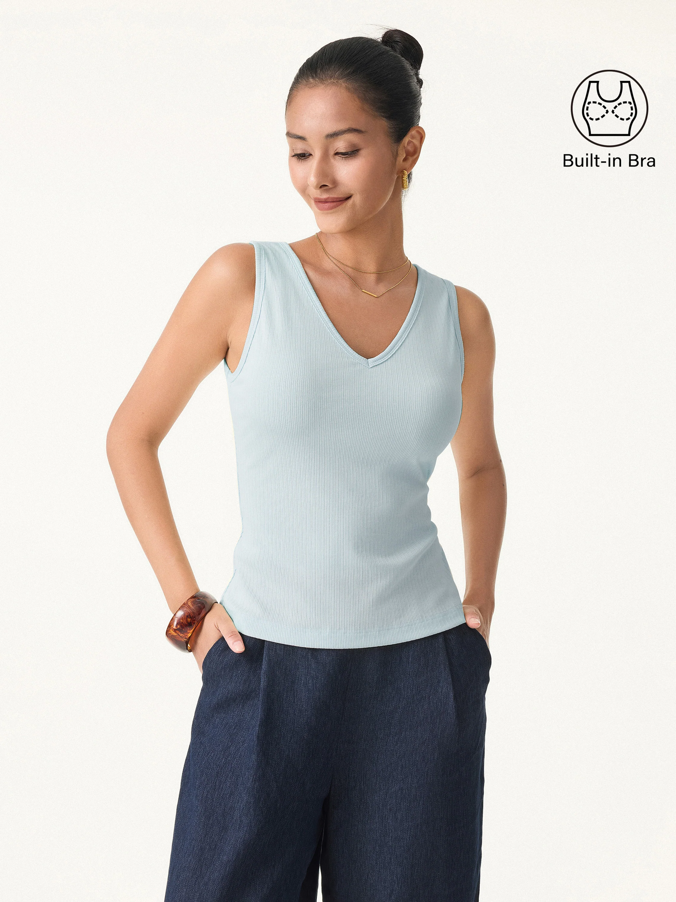Stretch Cotton Pointelle V-neck Sleeveless Bra Tank - Image 11